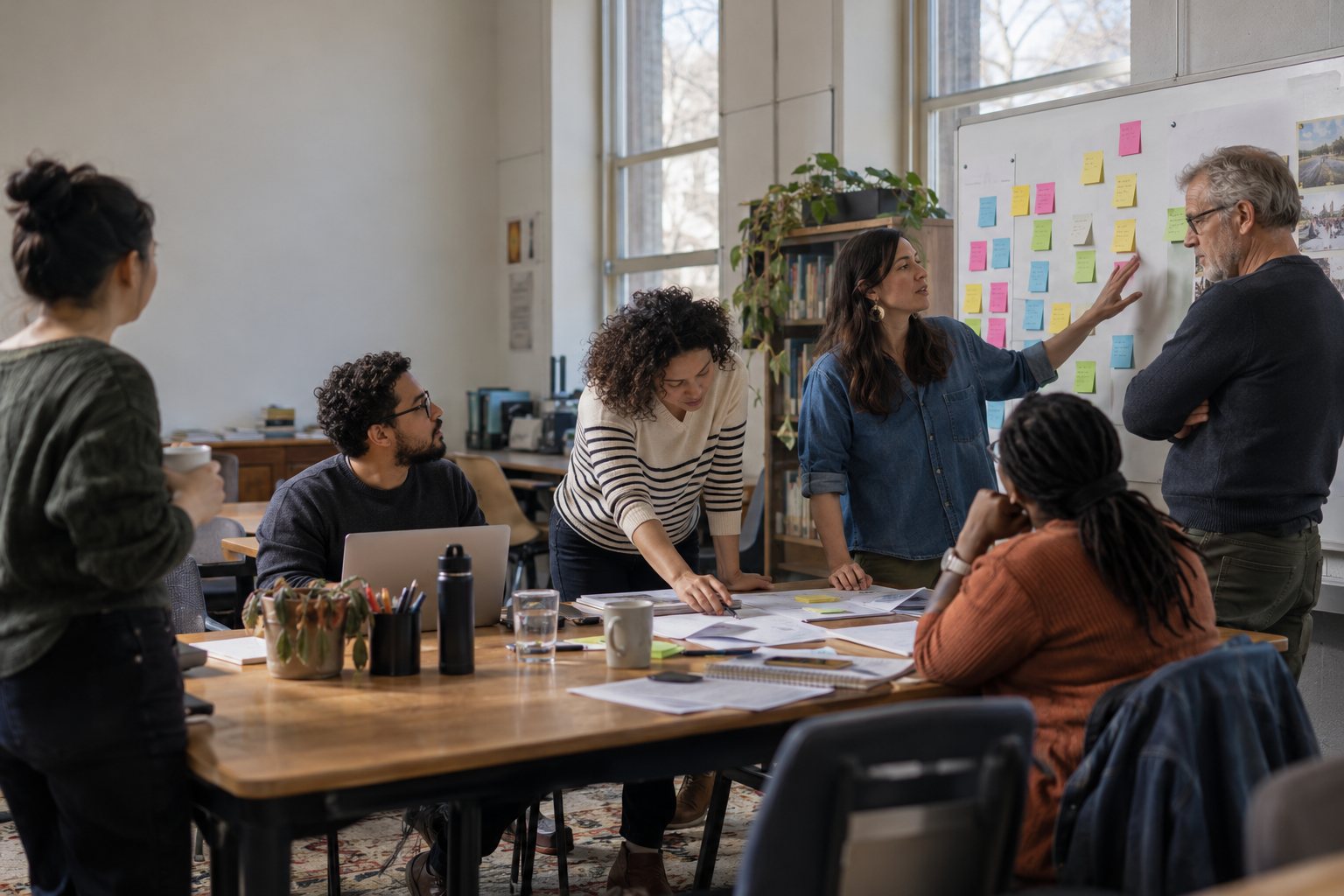 A diverse team working through ideas at a whiteboard of sticky notes in a sunlit workroom